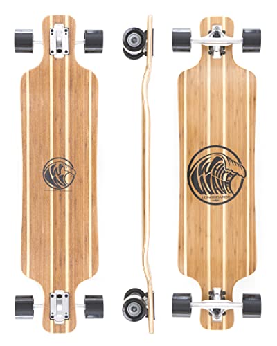 White Wave Bamboo Longboard Skateboard. Cruiser Drop Deck Long Board for Cruising, Carving and Freestyle Fun