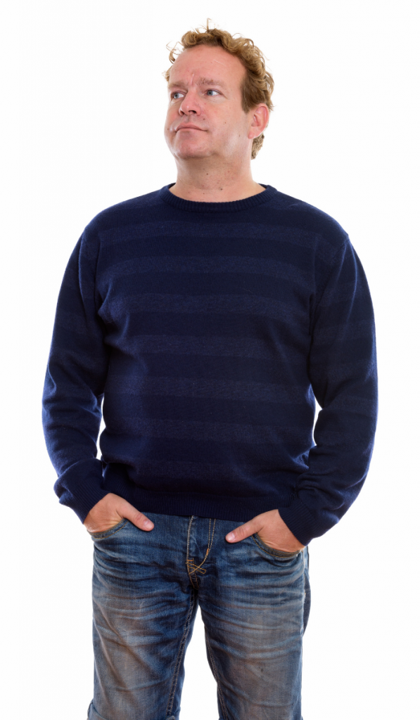 man with curly blond hair isolated against white background